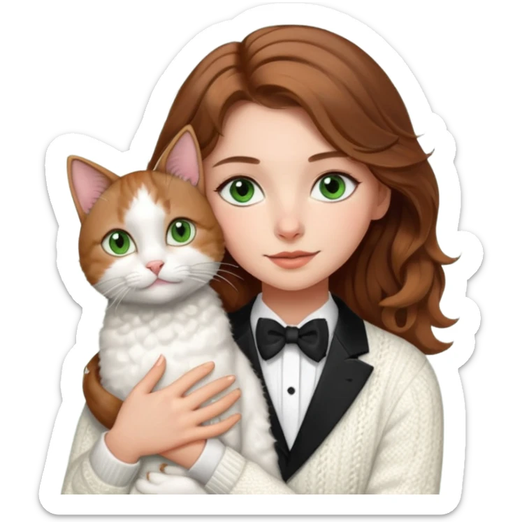 A pretty white girl with hazel brown eyes and brown wavy hair in a cosy white knit sweater, hugging a black and whitebtuxedo cat with green eyes sticker