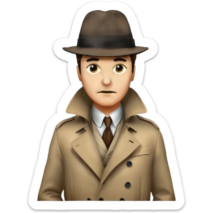 Icon for Detective Movie: A vintage movie poster-style design featuring a mysterious detective, shadowy alleys and a foggy cityscape. Include classic noir elements like a fedora, trench coat, and a dimly lit street. Bold typography and retro cinematic style. Transparent background. sticker