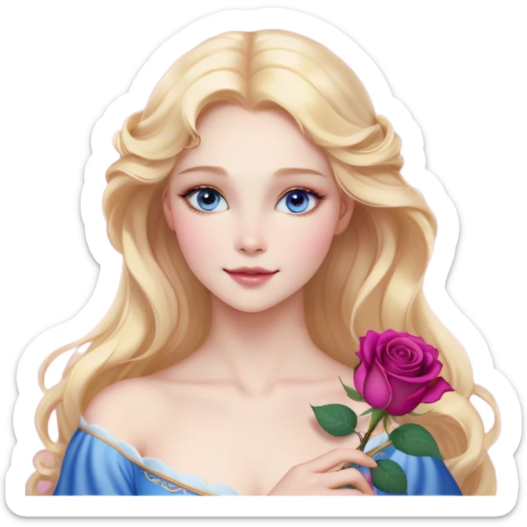 Cinematic Realistic Sleeping Beauty (Aurora) Portrait, with porcelain-like skin featuring a natural rosy flush, illuminated by soft lighting that highlights the gentle contours of her face. Her golden blonde hair flows in soft, detailed waves with subtle highlights that shimmer in the light. Her deep violet-blue eyes radiate warmth and innocence, framed by arched brows and long lashes. With a soft, serene smile, she holds a delicate rose gently in one hand, her other hand resting lightly by her side. She is dressed in her classic pink gown, the fabric rich in texture with delicate folds that catch the light. A golden crown rests atop her head, gleaming with royal refinement. The portrait captures a soft, glowing aura, blending realism with an ethereal sense of beauty and timeless enchantment. sticker