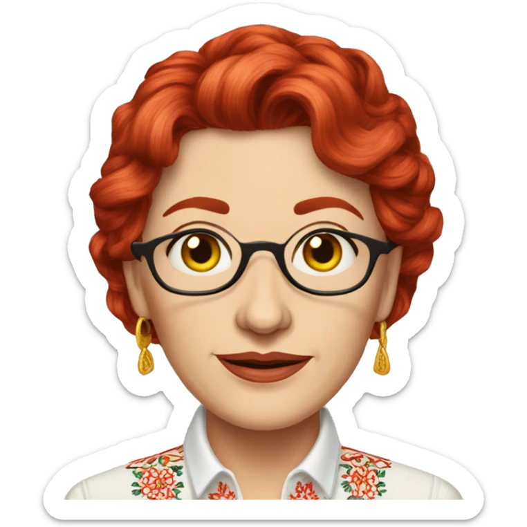 A middle-aged Ukrainian woman writer in an embroidered shirt with red hair
 sticker