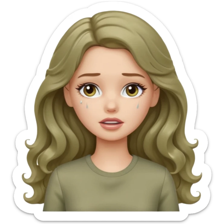 A white Barbie girl with long dark brown wavy hair in pale olive clothes crying sticker
