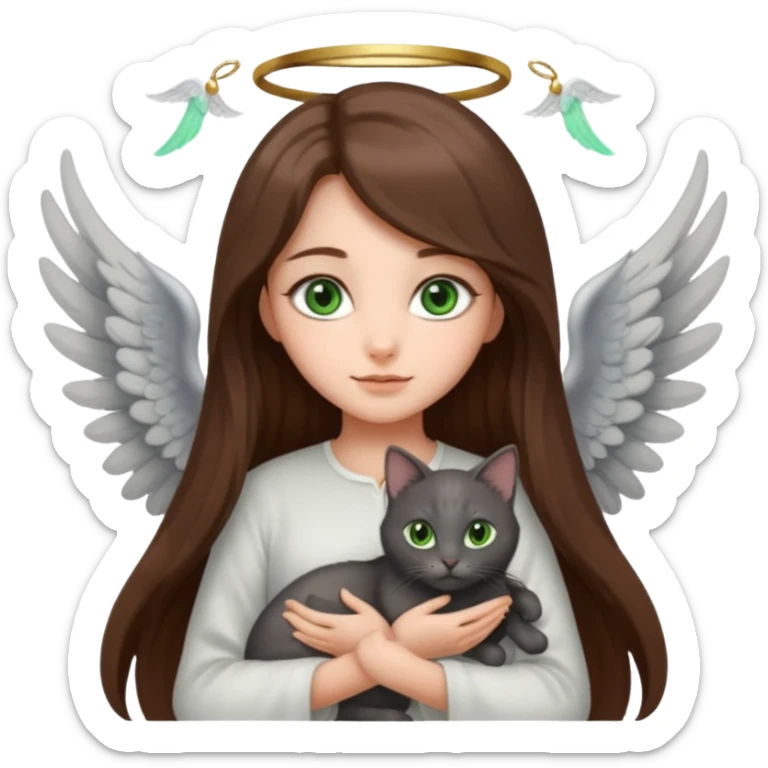 Girl with long brown hair holding a dark gray cat with green eyes and a pair of angel wings sticker