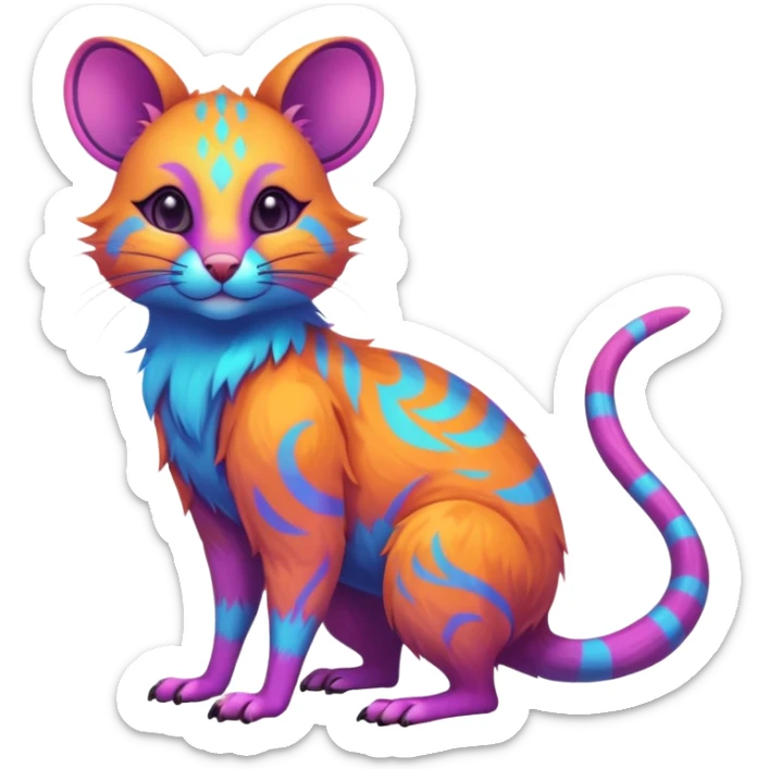 Neon-colored fantasy feline-rodent-marsupial-critter-vernid-fursona animal creature full body with intricate markings  sticker