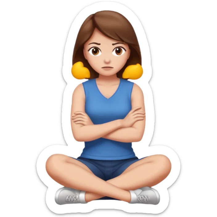 annoyed woman with brown hair sitting on the floor in profile, arms crossed, avoiding eye contact, emoji style sticker