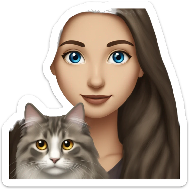 long straight haired blue eyed brunette woman holding norwegian forest cat with amber eyes sticker