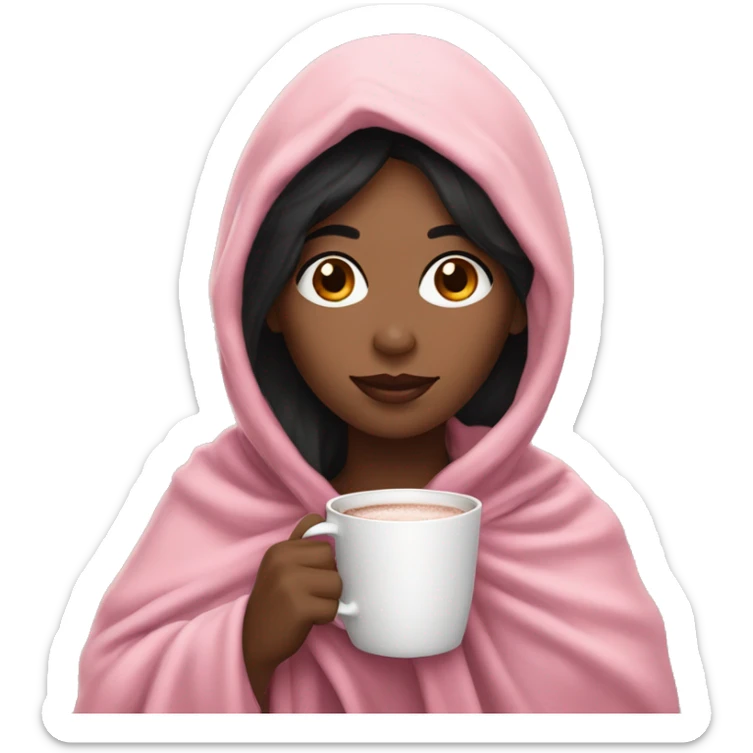 Fair skin woman  with black hair, in pink blanket drinking hot cocoa  sticker
