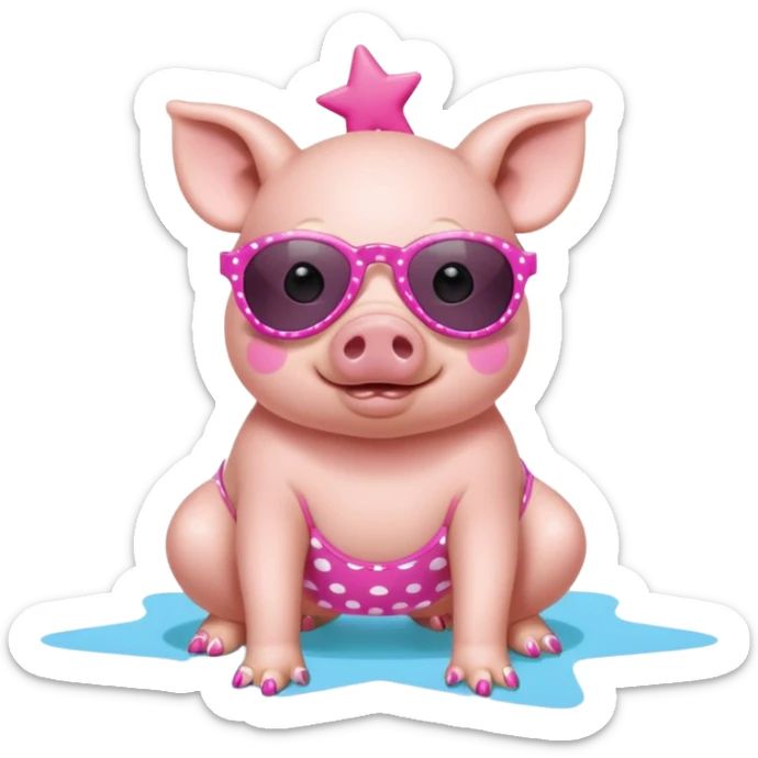 cute pig wearing  star-shaped sunglasses and polka dot bathing suit on all fours with nail polish sticker