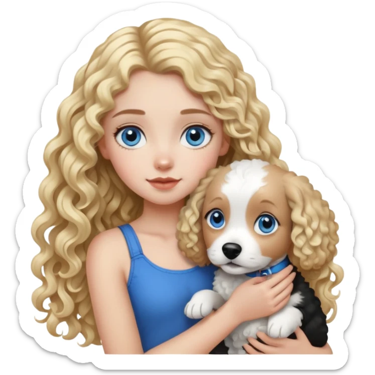 Girl with long curly blonde hair and blue eyes holding black and white dog  sticker