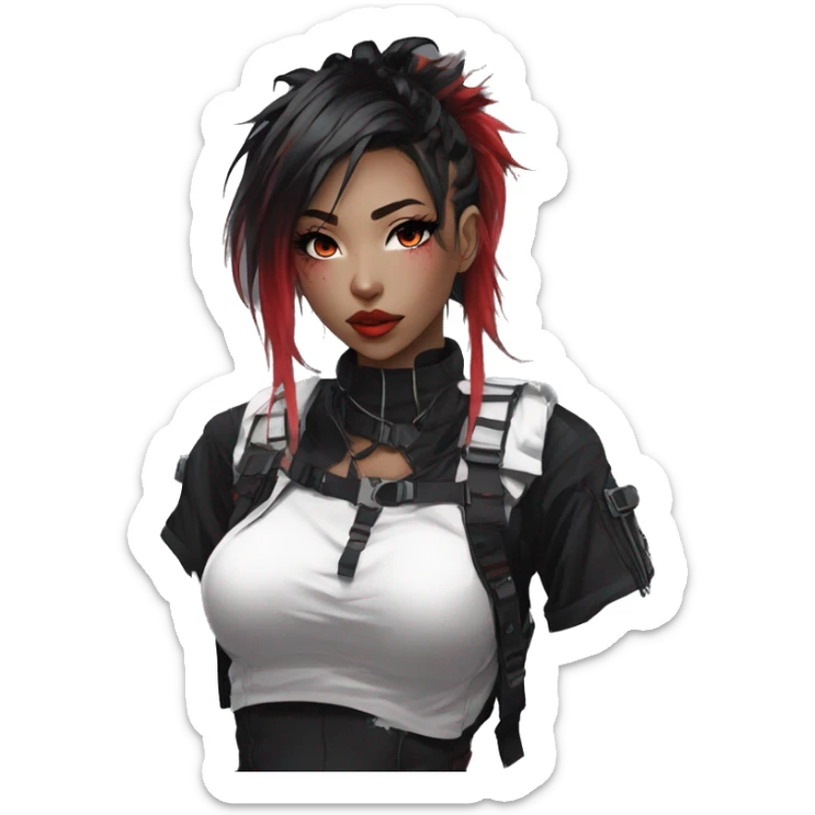 Gorgeous techwear anime style lady with blushing face aesthetic and pretty edgy black red white punk messy hair with collar and harness trending style sticker