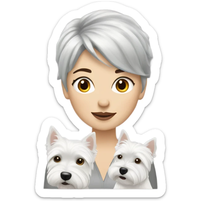 Gray short hair lady fair skin with 3 westies with bed hair sticker