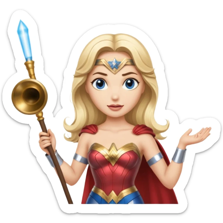 Blonde blue eyed Wonder Woman holding white orchestra conductor’s baton and bell sticker