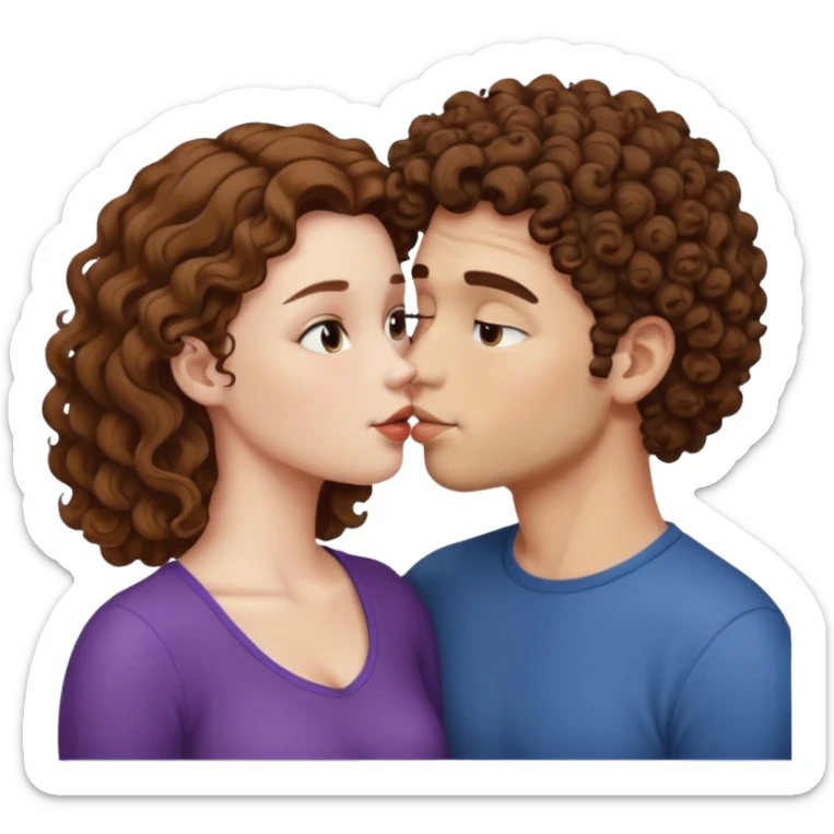 A couple kissing, the man would be white-skinned, mid fade-curly, brown-hair. The serious woman with white skin, brown color sticker