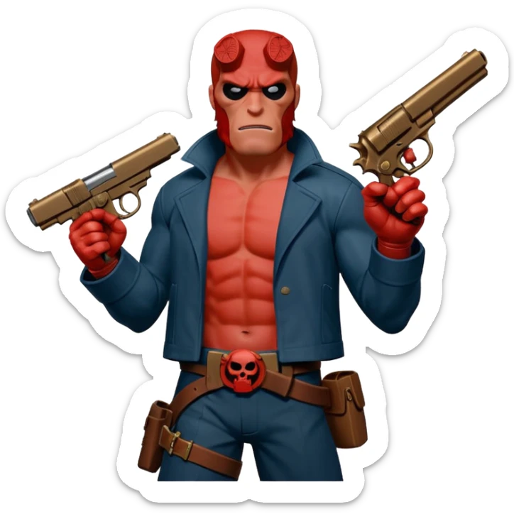 cinematic realistic superhero Hellboy by Mike Mignola jumps with a bronze pistol sticker