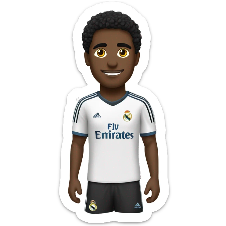 Jugador de fútbol negro con camiseta del Real Madrid, pelo negro y rizado. sticker