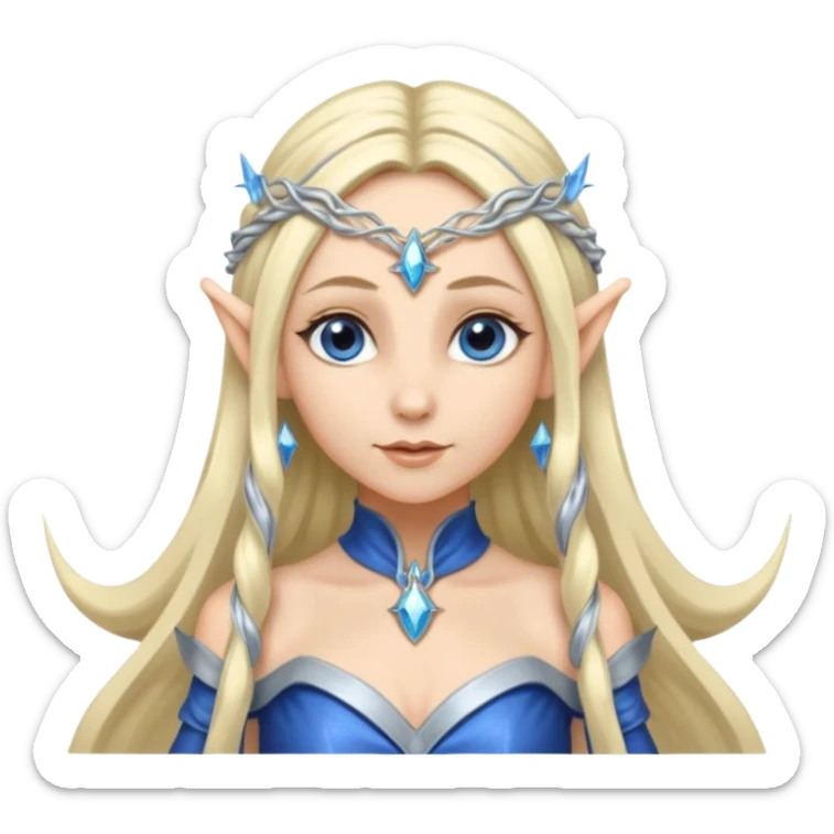 a girl elf with very long blond hair and a twisted headpiece, she's got pointy ears and a blue/silver dress sticker