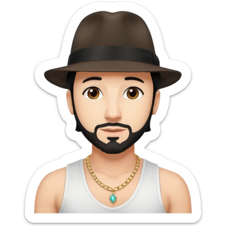 AJ McLean brown eyes, black hair, white tank top and fedora hat with necklace sticker