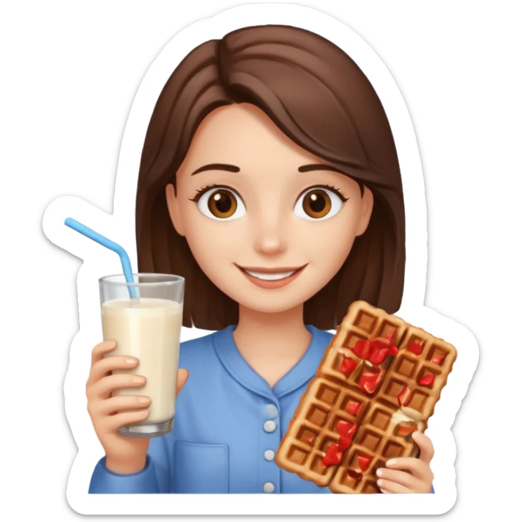 A happy girl with chocolate waffle in hand And 1 milk glass in other hand sticker