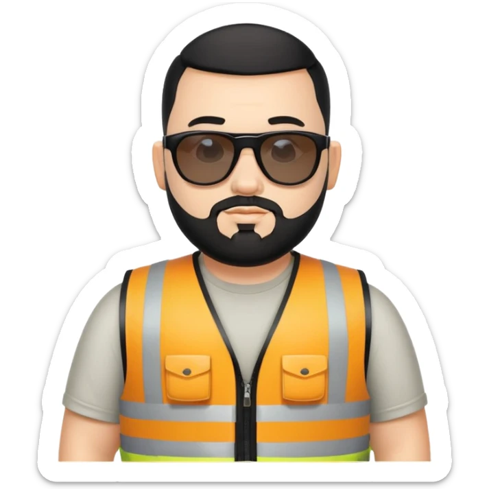 Man with black hair, a little chubby with sunglasses, and visibility vest and a beard. buzz cut sticker