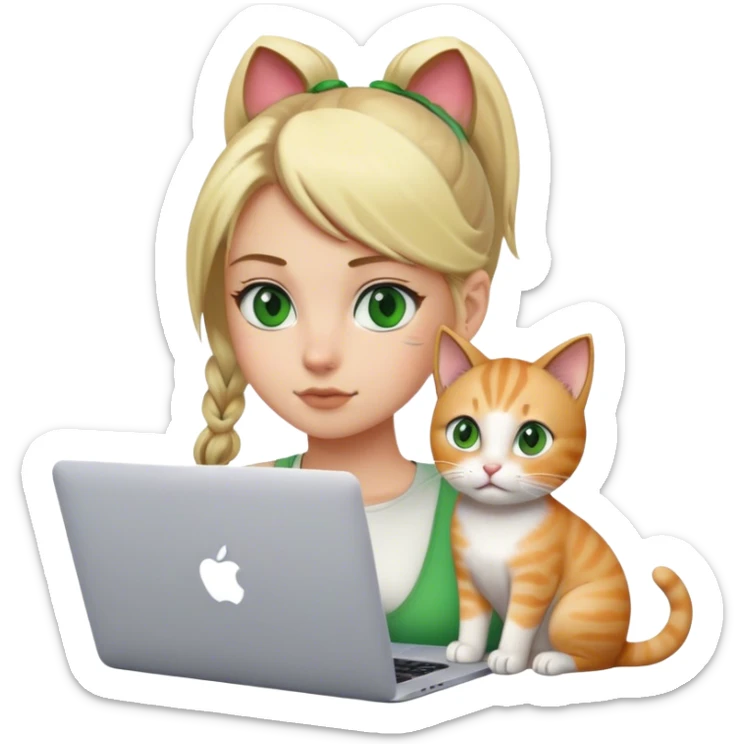 Blonde girl ponytail green eyes with apple MacBook and a cat sticker