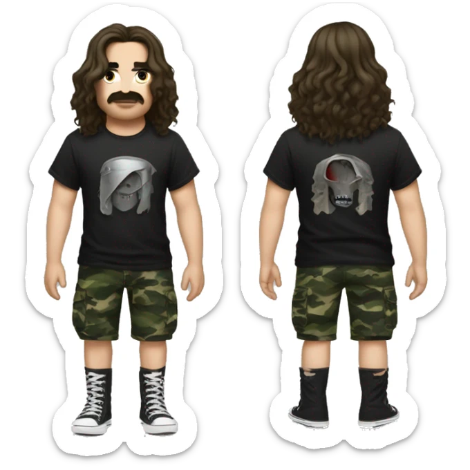 A metal head guy with semi long wavy hair, with a black metal band T shirt and Camouflage cargo shorts with Black Converse on  sticker
