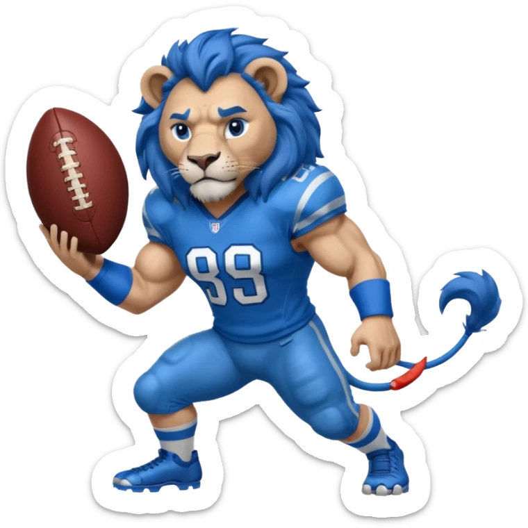 full blue color lion, blue face, wearing blue american football jersey sticker