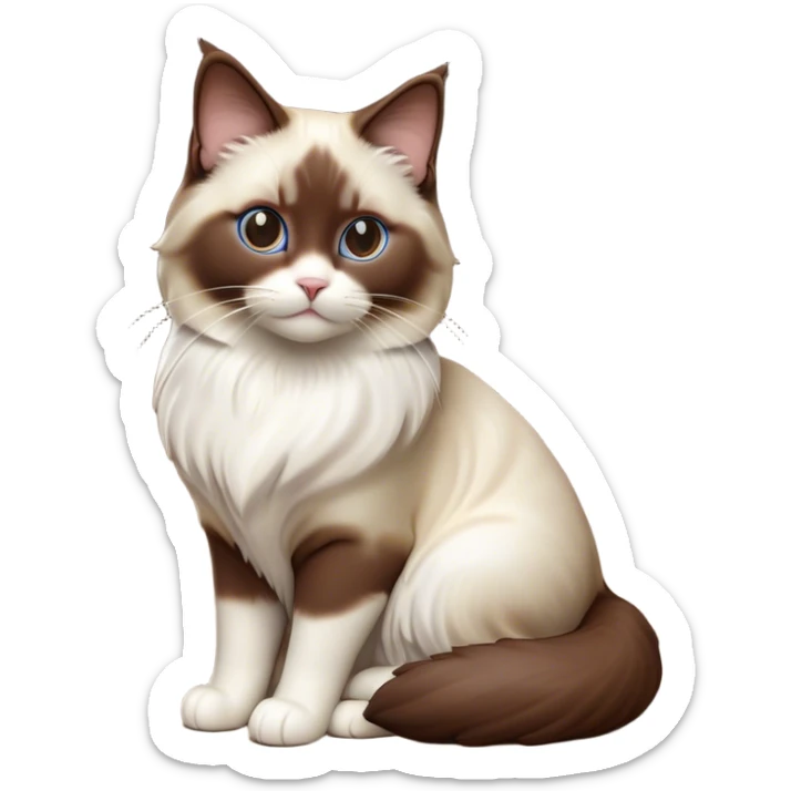 Cinematic Chocolate-Point Ragdoll Cat Portrait Emoji, Elegant and alert, sleek brown and white tones with a distinct white nose, Simplified yet sharp features, highly detailed, glowing with a warm, confident glow, high shine, intelligent and poised, stylized with an air of grace, focused and attentive, soft glowing outline, capturing the essence of calmness and elegance, so lifelike it feels as though it could spring into motion with a gentle, poised presence at any moment! sticker