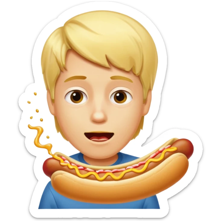 A boy taking a huge bite of a hot dog loaded with mustard and relish.





















 sticker