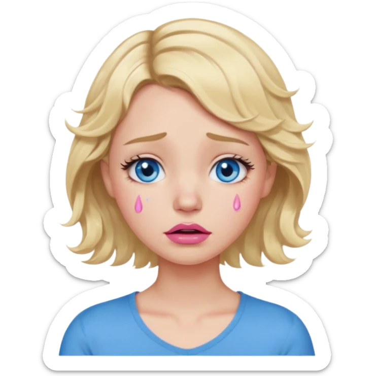 Girl Blonde short wavy hair,  blue eyes, cute blue top, long lashes, pink lips,crying with big tears running down the face  sticker