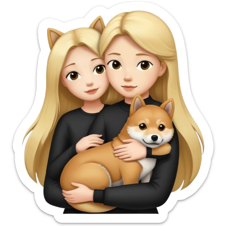 blonde long hair girl hugs a Shiba inu and a black shiba inu sticker