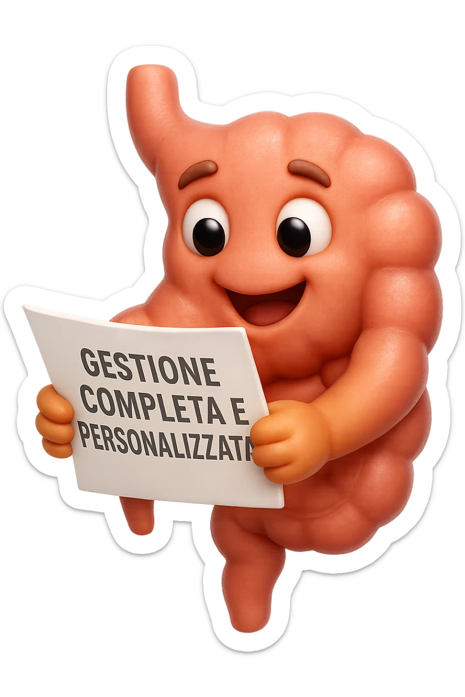 emoji stile iphone di un intestino umano anatomico ED ESPRESSIONE FELICE MENTRE LEGGE con foglio in mano con la scritta "GESTIONE COMPLETA E PERSONALIZZATA"
IPERREALISTICO 4K sticker
