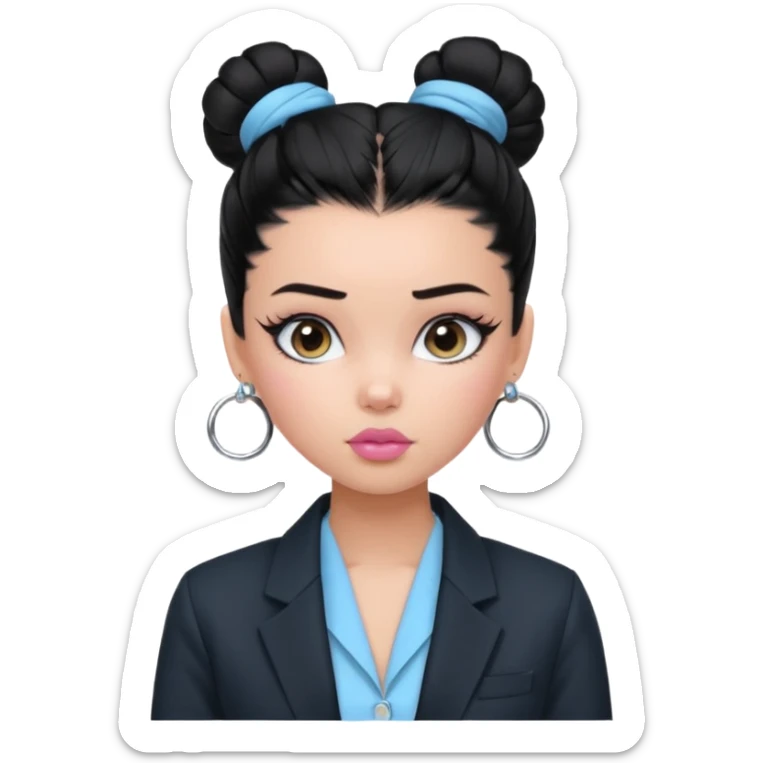 generate a pretty bratz girl with black hair tied up in a bun. wearing a light blue full sleeve shirt and a black blazer over it. silver small hoops, pink lipgloss.  sticker