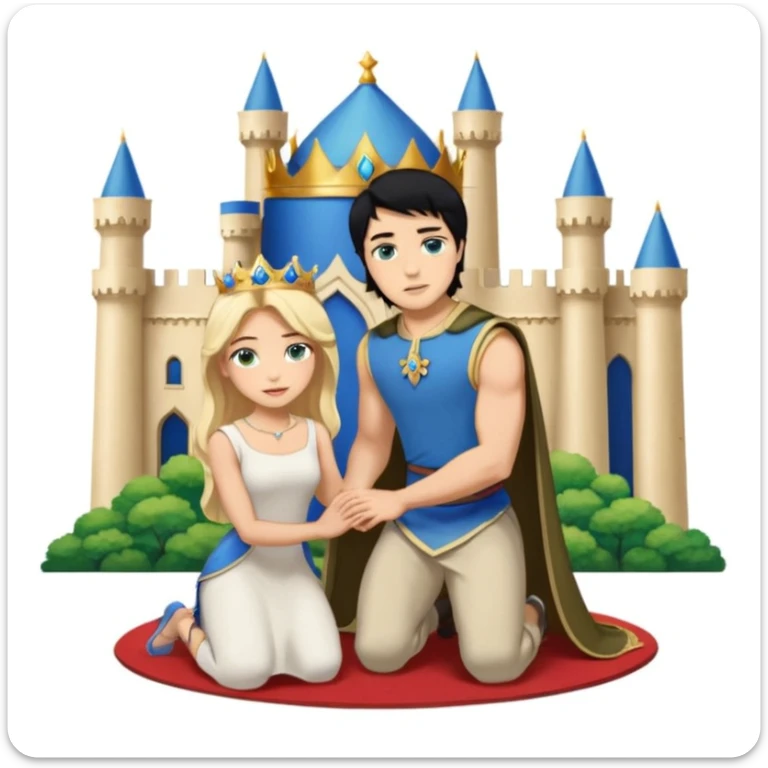 Man as king, standing, black Hair, blue eyes, woman, blonde, green eyes, shott white sleveless Dress, kneeling, background palace sticker