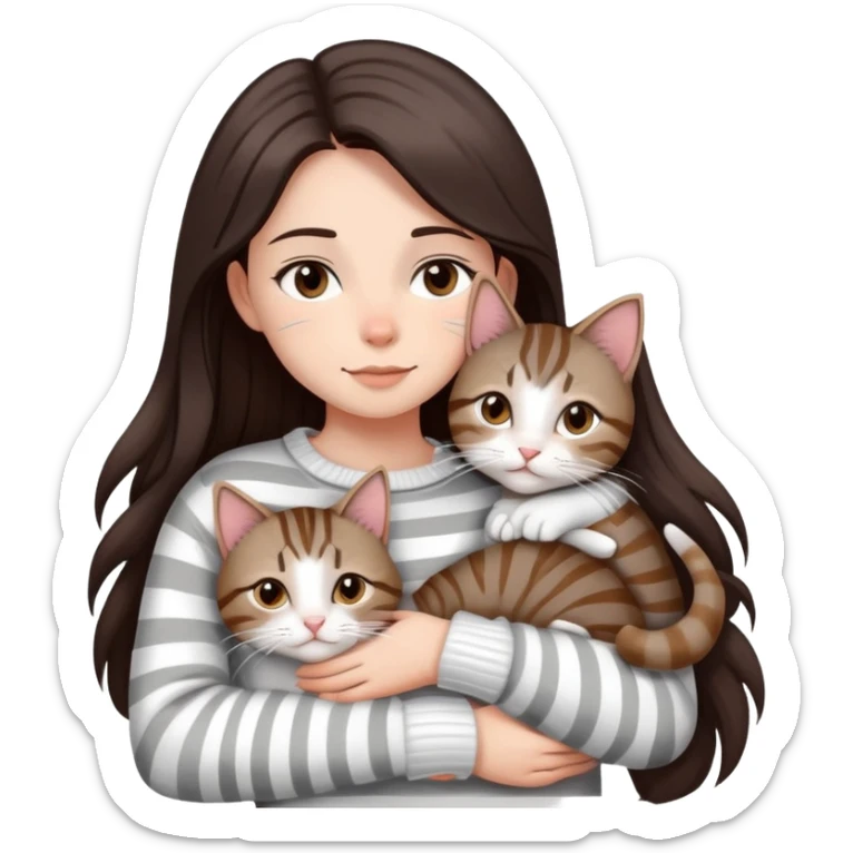 a girl with long dark brown hair, in a
white sweater and brown eyes, hugs a tabby
grey and white strips one cat.  sticker