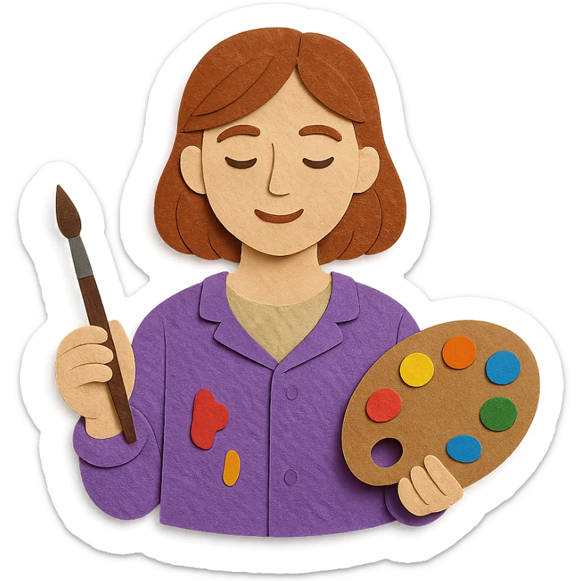 Serene female oil painter, Caucasian features, shoulder-length auburn hair, soft brown eyes, gentle smile, wearing a violet painter’s smock lightly stained with paint over a beige blouse, holding a wooden palette with vibrant colors in one hand and a brush in the other, waist-up, front-facing sticker