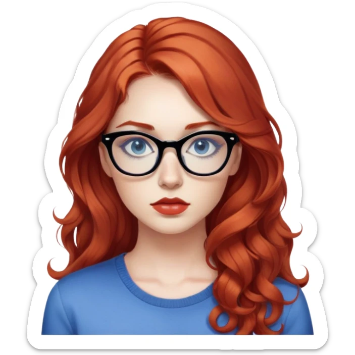 Nữ 25 tuổi, da trắng, tóc dài xoăn nhẹ màu đỏ, gọng kính màu đen, mắt kính màu xanh dương , mặt nghiêm túc, lông mi dài, trang điểm khá đậm, áo phong cách fashion insta sticker