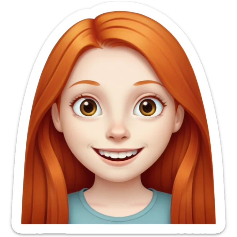 traditional emoji of young girl with very pale skin, long straight bright ginger red hair, very big wide human eyes, wide nose, big smile with extremely large prominent teeth showing, classic round face sticker