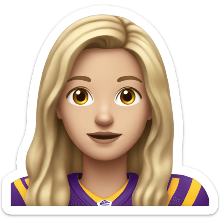 White Girl with long, dark blonde hair. She is wearing a purple and yellow football jersey sticker