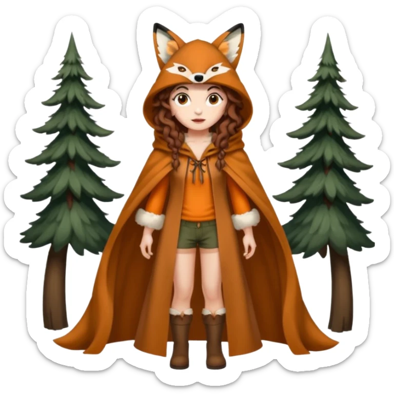 full body woman long curly brown hair brown eyes white skin tattoos wearing fox ear hat and open forest cloak, confident stance sticker