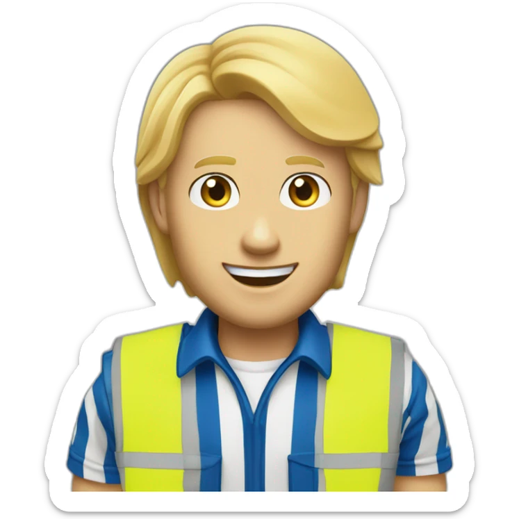 Ikea coworker blue eyes blond manager man blue stripes t-shirt and yellow security vest sticker