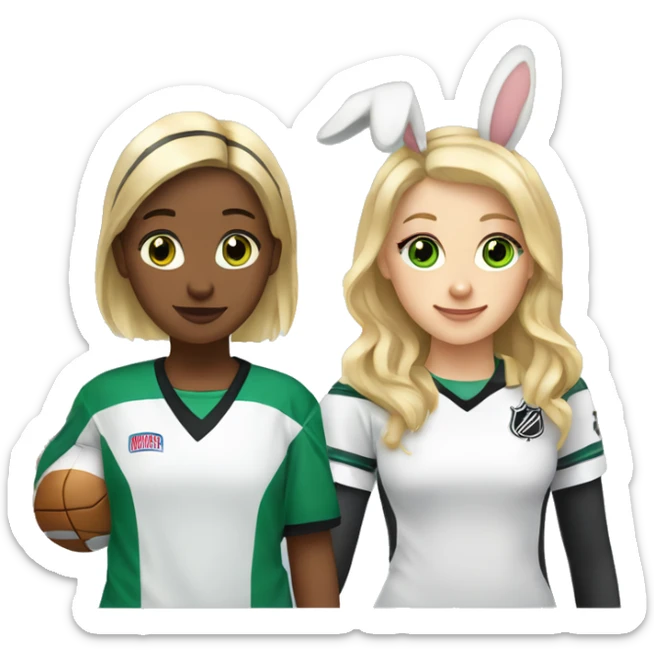 Two girls one with blonde hair and brown eyes and one with brown hair and green eyes, both with bunny ears, watching an ice hockey game sticker
