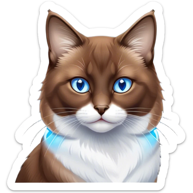 Cinematic Noble Brown Mantle Snowshoe Cat Portrait Emoji, Poised and regal, with sleek brown fur draping elegantly over its back like a mantle, contrasted by a crisp white chest, paws, and facial markings, piercing icy-blue eyes, Simplified yet sharp and sophisticated features, highly detailed, glowing with a soft, dignified glow, high shine, intelligent and graceful, stylized with an air of elegance, focused and attentive, soft glowing outline, capturing the essence of a watchful and refined feline, so majestic it feels as though it could glide across the screen with effortless confidence! sticker