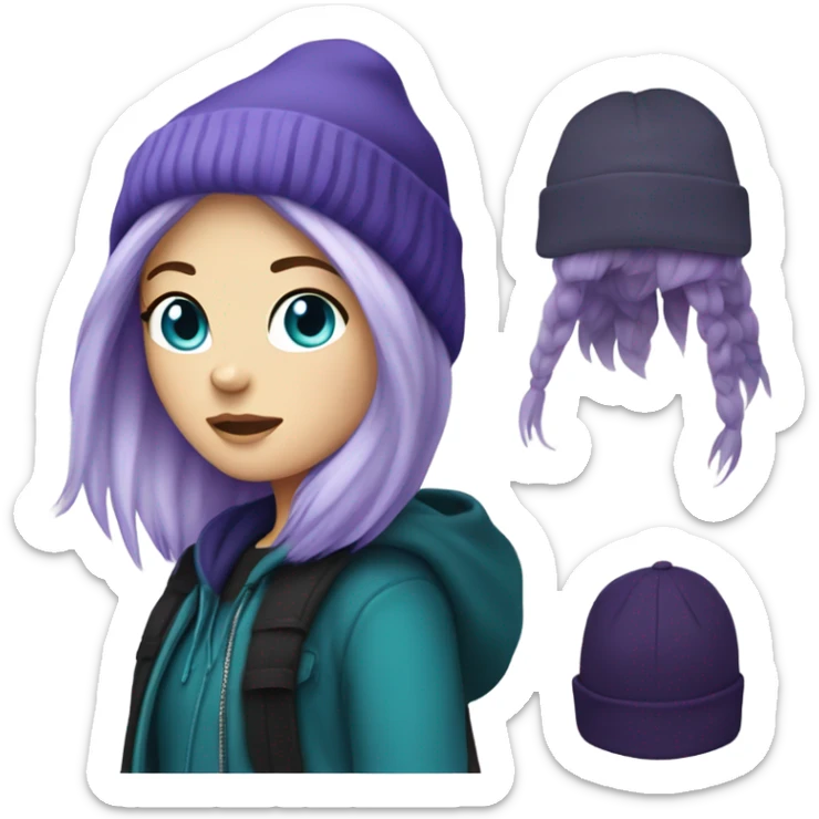 White girl, blue eyes, long teal hair, purple beanie hat, black hoodie, blue jeans, black shoes sticker