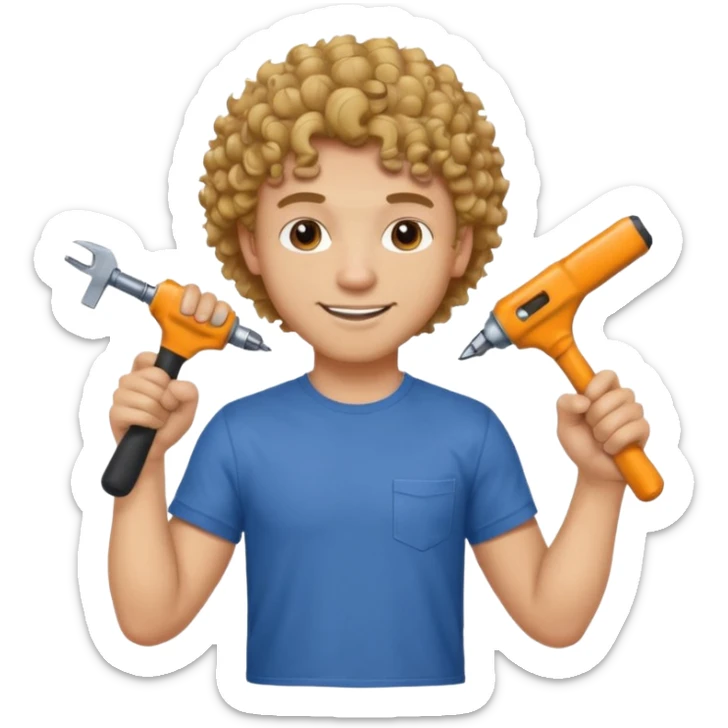 a guy who looks very handsome, has curly hair,  wears a tee shirt and holds a screwdriver in one hand and a  hammer in the other sticker