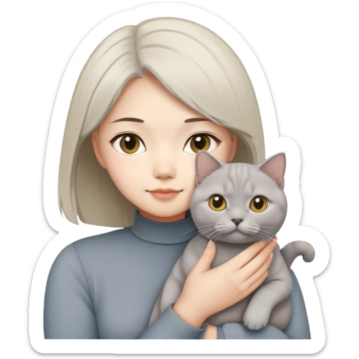 Asian girl beige hair holding grey British short hair cat sticker