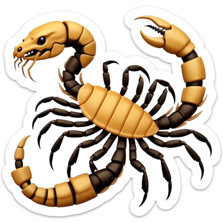 A 3D cartoon scorpion tattoo on a forearm, black ink, detailed stinger and claws, soft lighting, Memoji-style realism. sticker