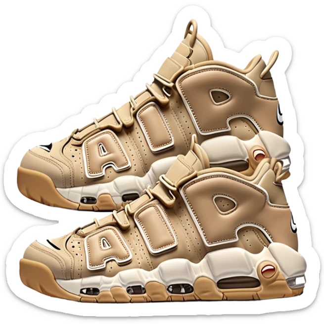 Beige Nike Air More Uptempo sneakers with large AIR letters on the sides, with one sneaker positioned slightly behind the other sticker