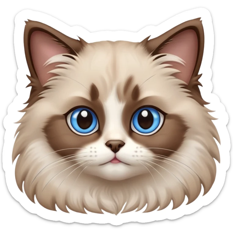 cinematic-adorable-fluffy-brown-ragdoll-cat-portrait-emoji,-head-tilted-cutely-with-big,-sparkling-blue-eyes,-soft-brown-and white-colored-fur-with-darker-points-on-the-ears,-face,-and-paws,-simplified-yet-irresistibly-adorable-features, sticker