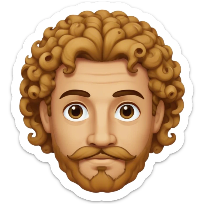Man warm tan with black eyes and a mustache and a goatee and curly greek hair he has an angular face sticker