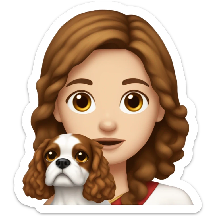 brunette white girl with brown hair and hazel eyes holding a king charles dog sticker