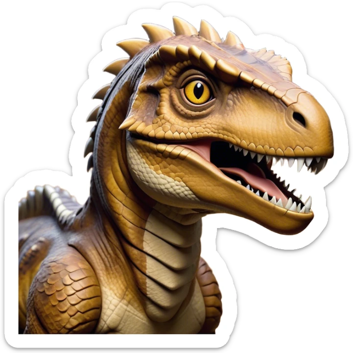 Cinematic Realistic Noble velociraptor/T-rex Portrait Emoji, Poised and imposing, with a massive, muscular build and a rugged, intricately scaled hide in ancient earthy tones, a sharply defined, fearsome head with piercing, primal eyes rendered in lifelike detail, high shine, intelligent and formidable, styled with an air of prehistoric authority, focused and attentive, soft glowing outline, capturing the essence of a watchful and confident velociraptor/T-rex that appears ready to roar out of the screen with timeless power! sticker